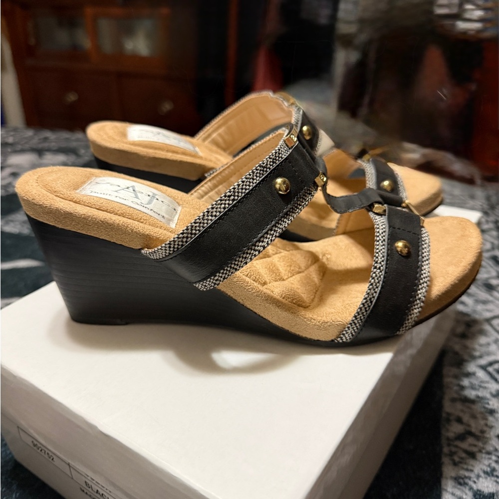 Elegant Black and Tan Wedge Sandals
